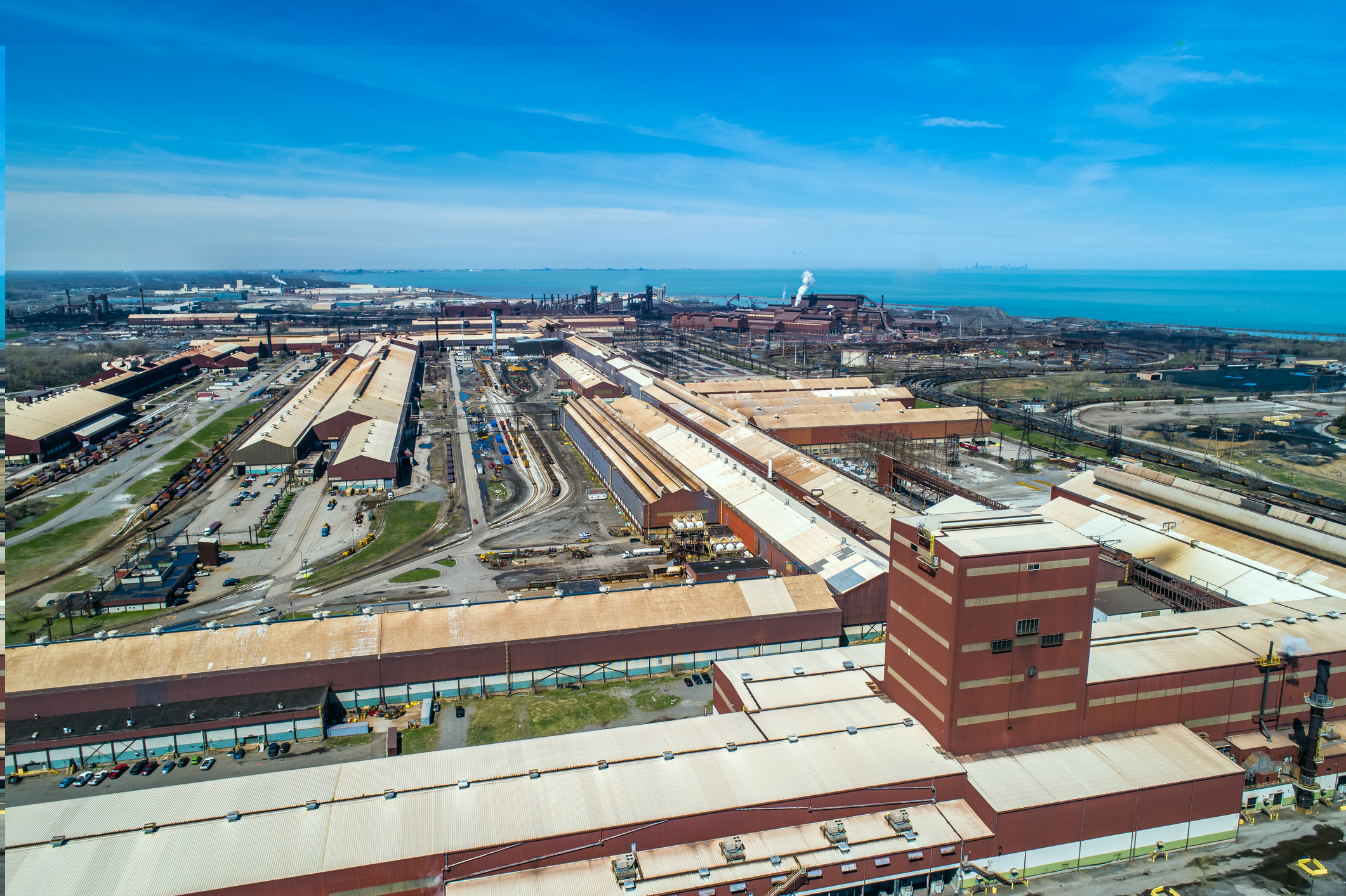Aerial View of Industrial Midwest Steel Manufacturing Facility Industrial Landscape of Lake Michigan Steel Mill operation