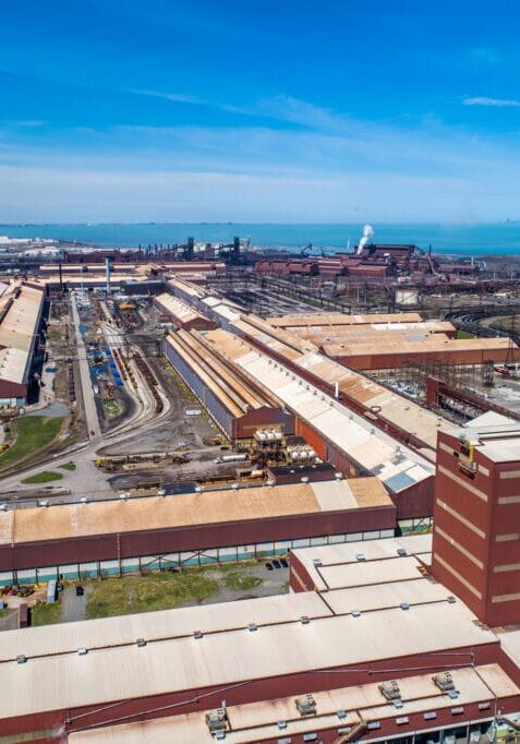 Aerial View of Industrial Midwest Steel Manufacturing Facility Industrial Landscape of Lake Michigan Steel Mill operation